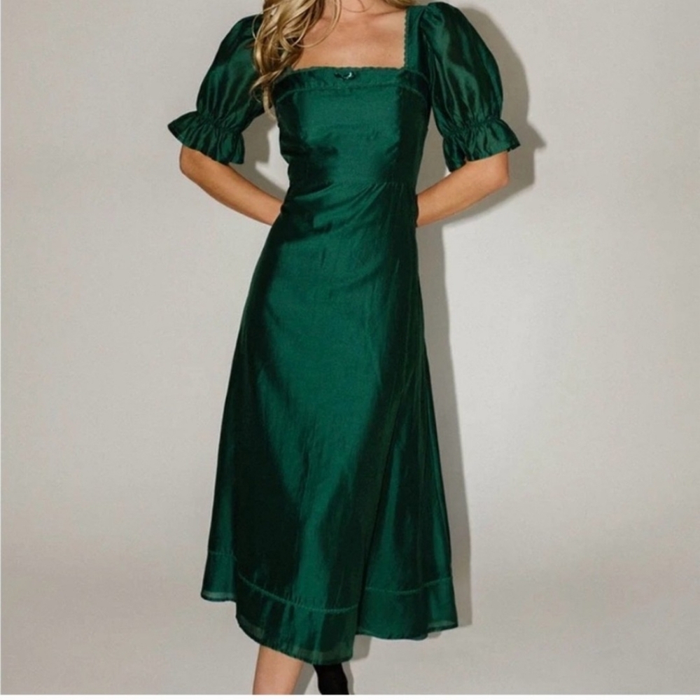 Zoco womens green Winnie puff sleeve square neck Midi Dress size small